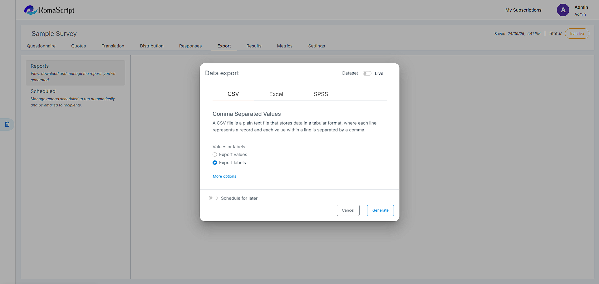 RomaScript CSV Export