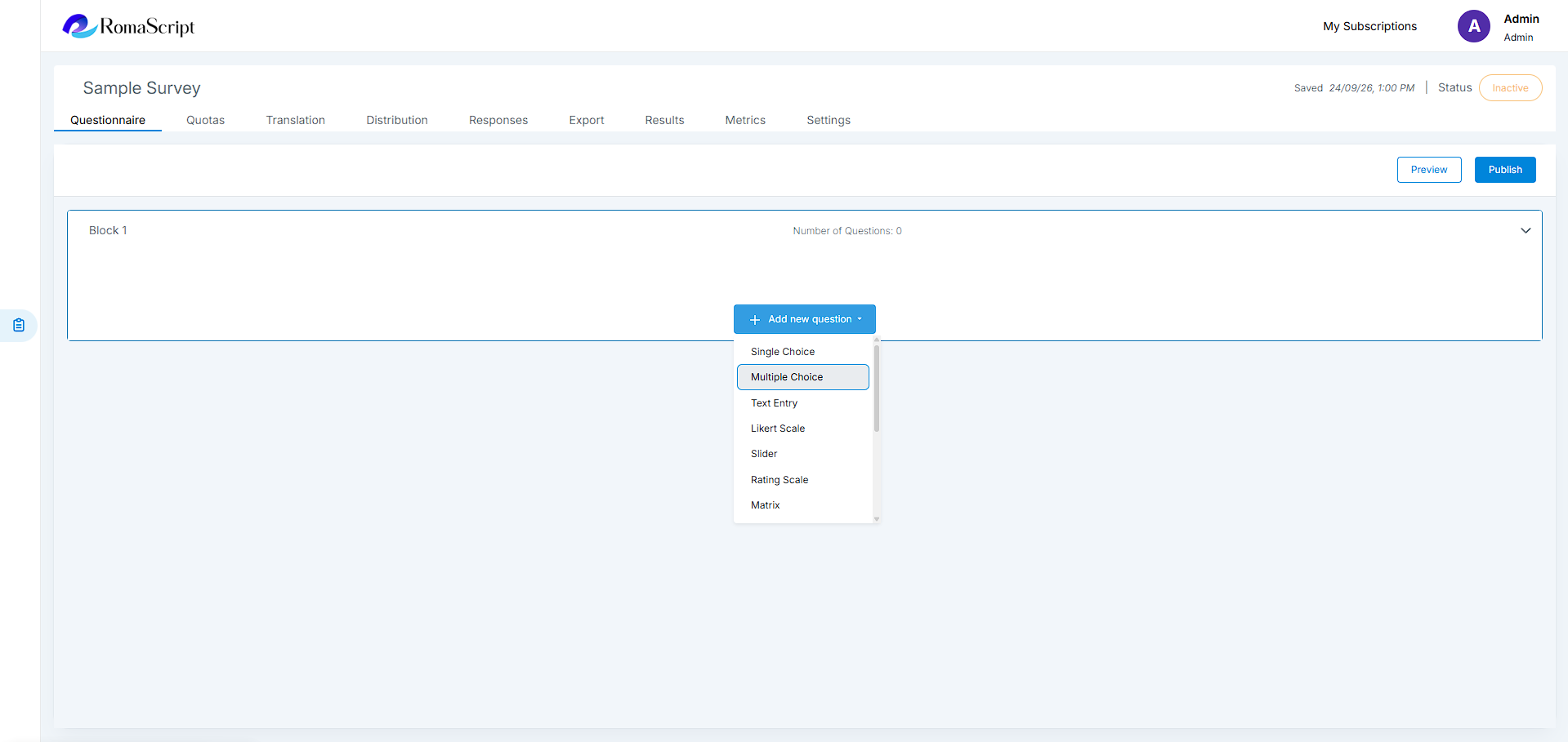 RomaScript Add New Question screen