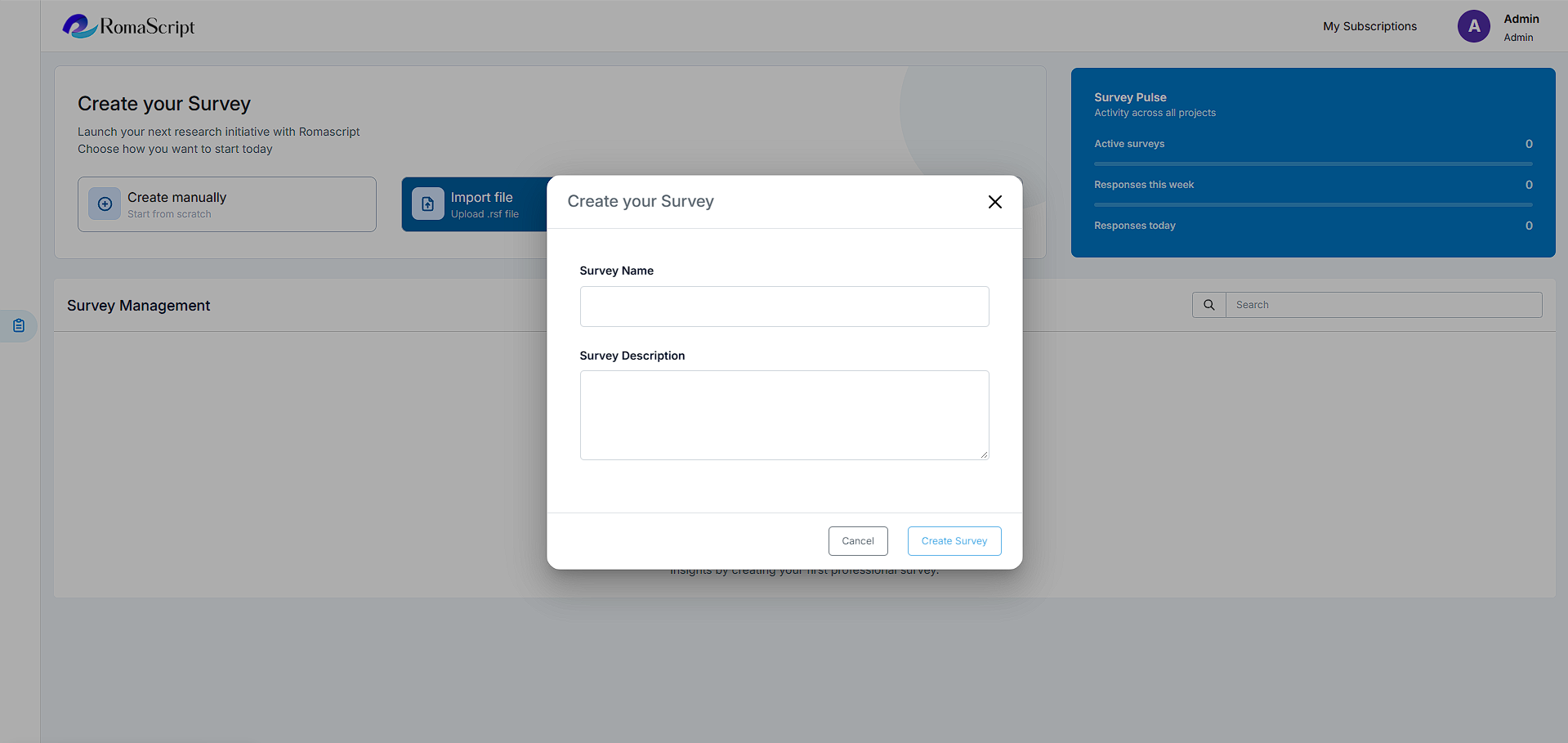 RomaScript Create New Survey screen