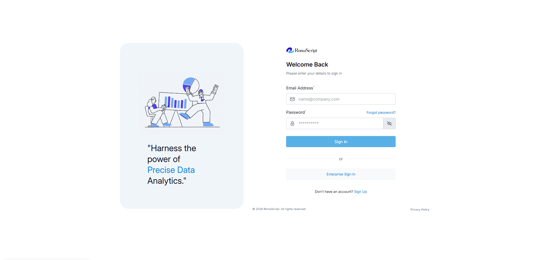 RomaScript Home Page/ Login Screen