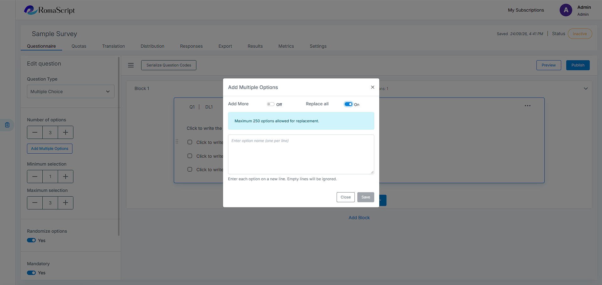RomaScript Add Multiple Options