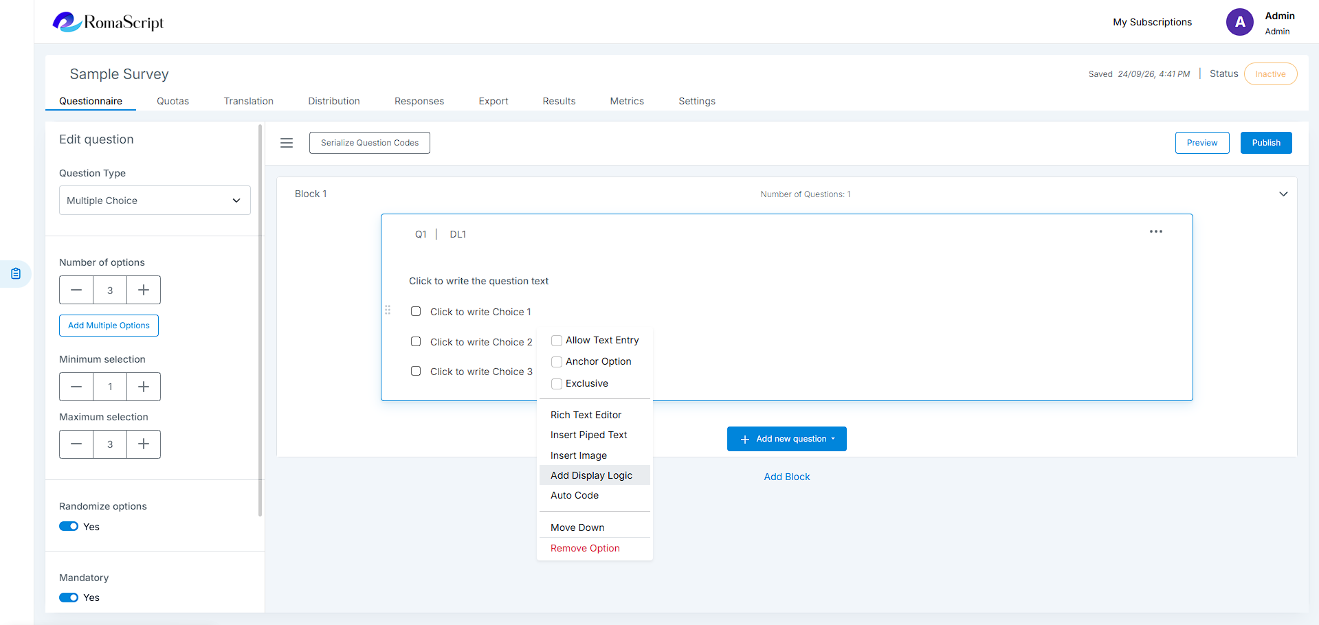 RomaScript Display Logic Option