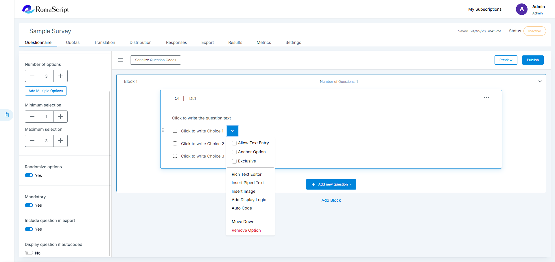 RomaScript Option Settings
